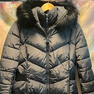 Calvin Klein Black Puffer Jacket with Faux Fur Trim